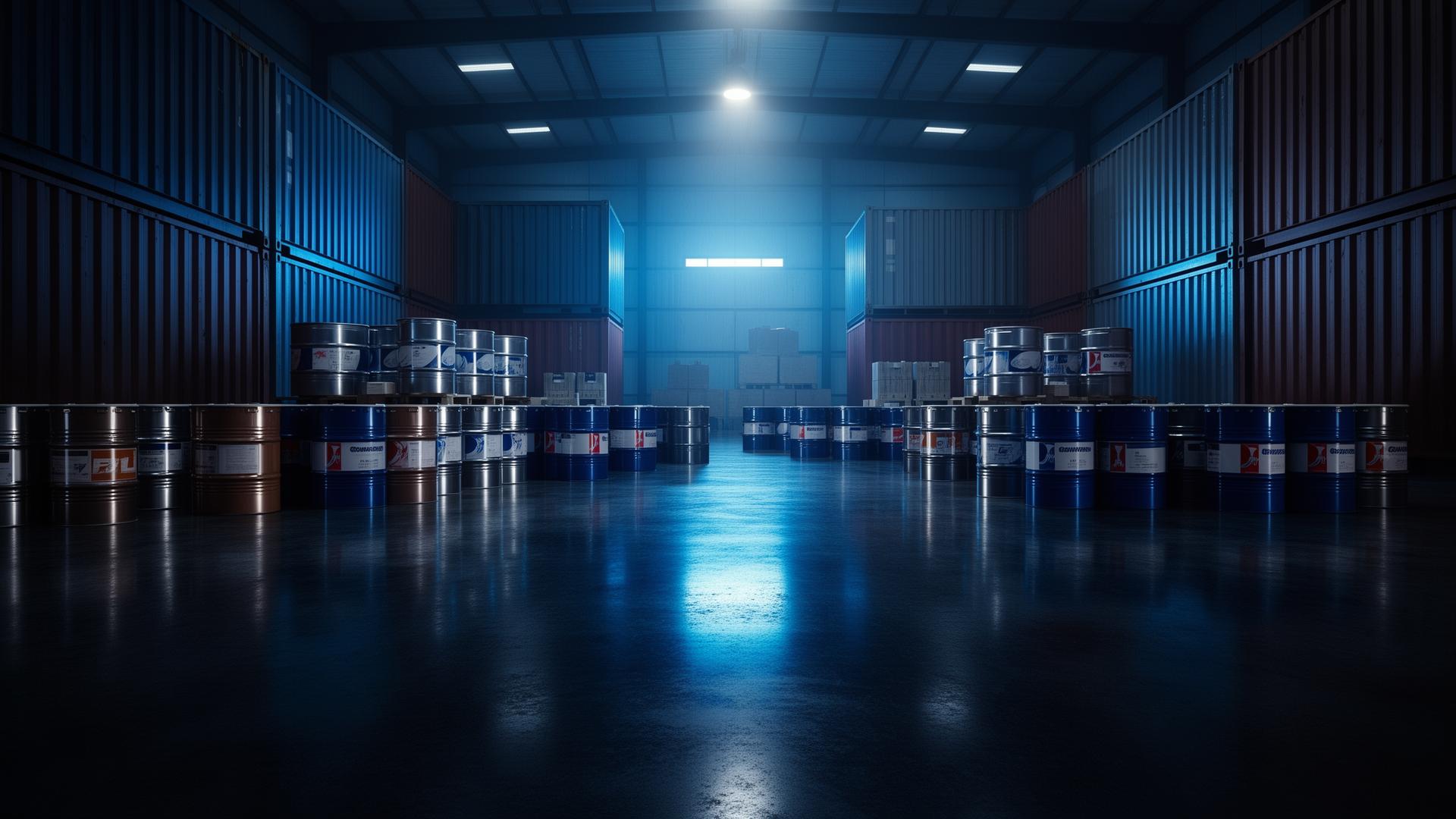 International lubricant export warehouse with oil drums