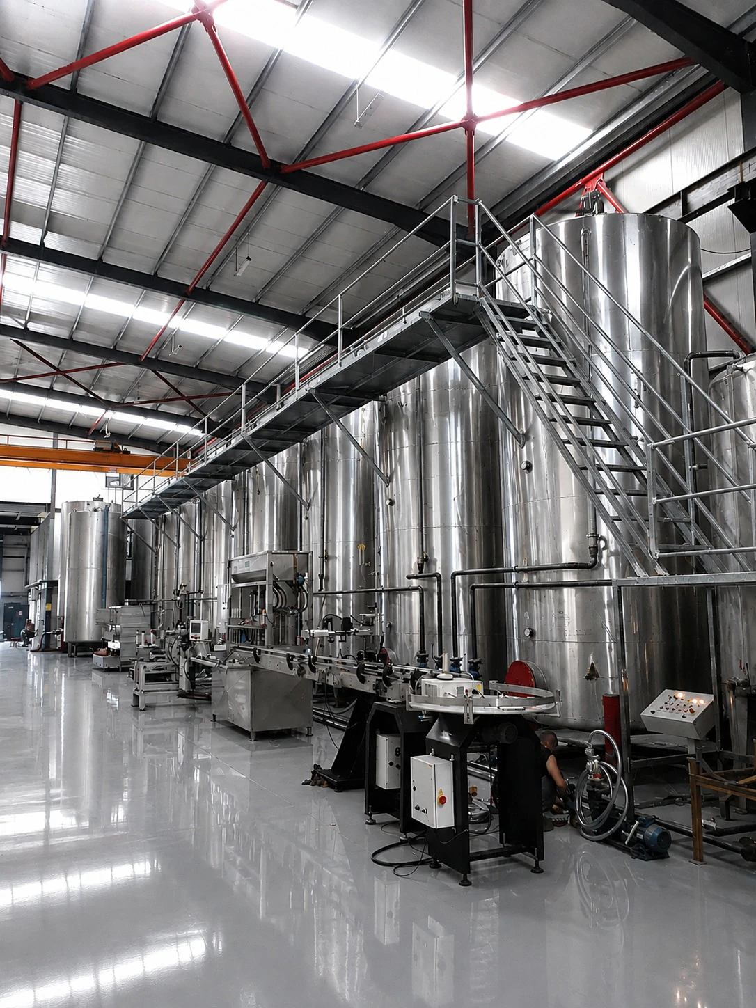 Stainless-steel tanks and production line inside the Yokohama facility