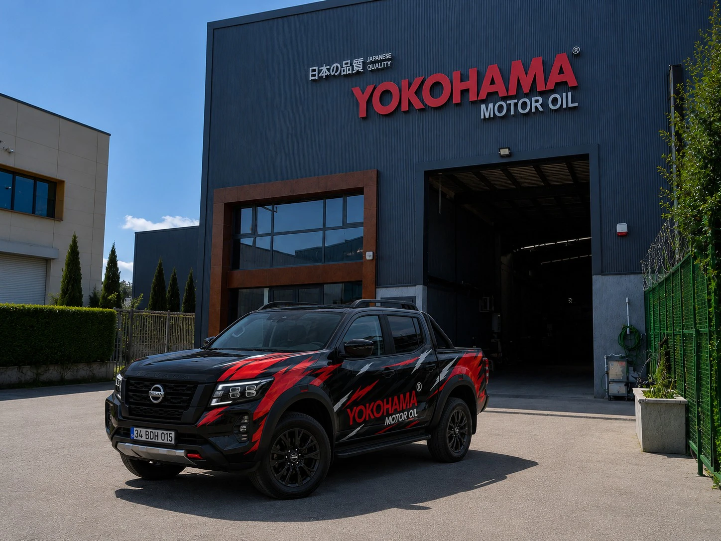 Yokohama Motor Oil branded pickup in front of the production facility