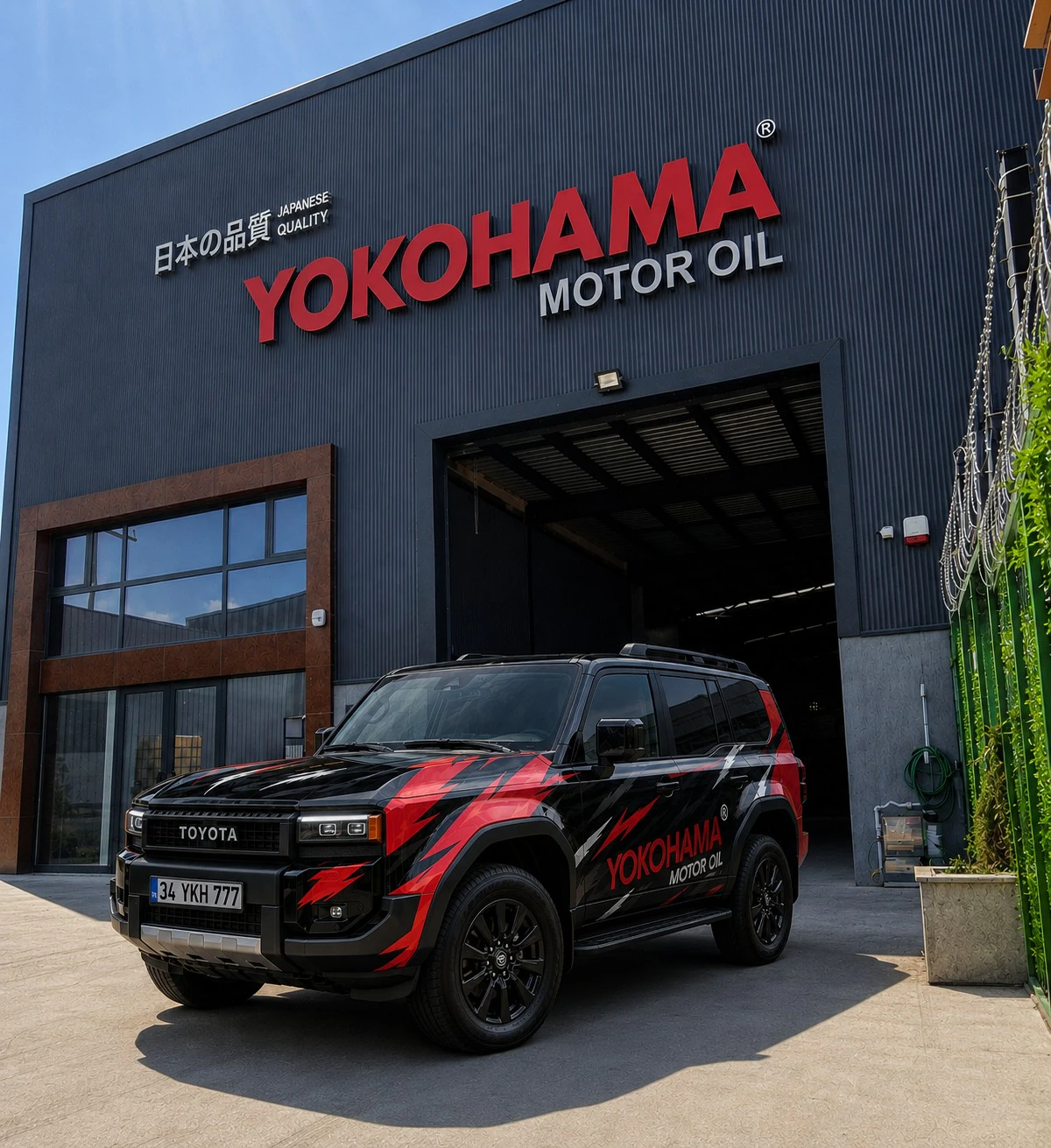 Yokohama Motor Oil branded SUV in front of the production facility